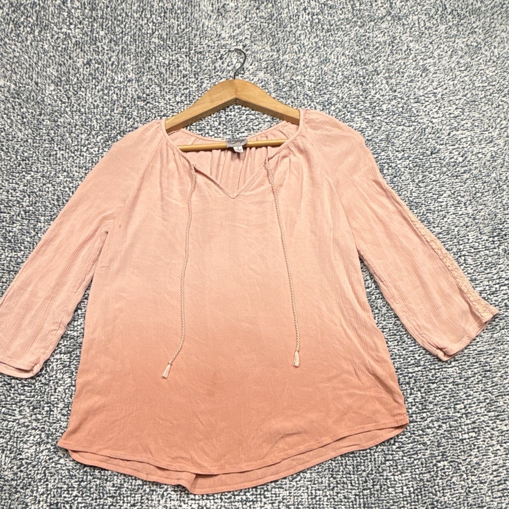 COMO Vintage Women's S Regular Pink Solid Peasant V-Neck 3/4 Tie Lace Blouse